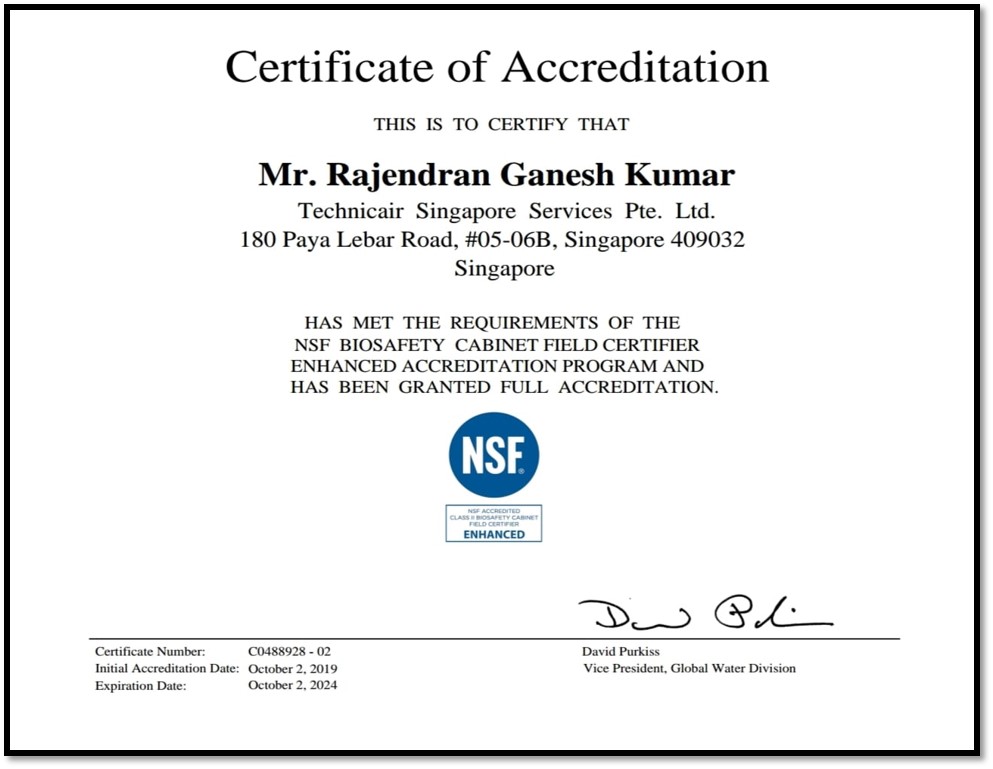 Chứng nhận hiện trường tủ an toàn sinh học nâng cao NSF